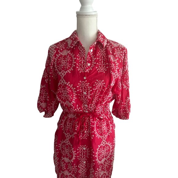 ZARA Red White Embroidered Tie Waist Dress Size Medium - Picture 8 of 9